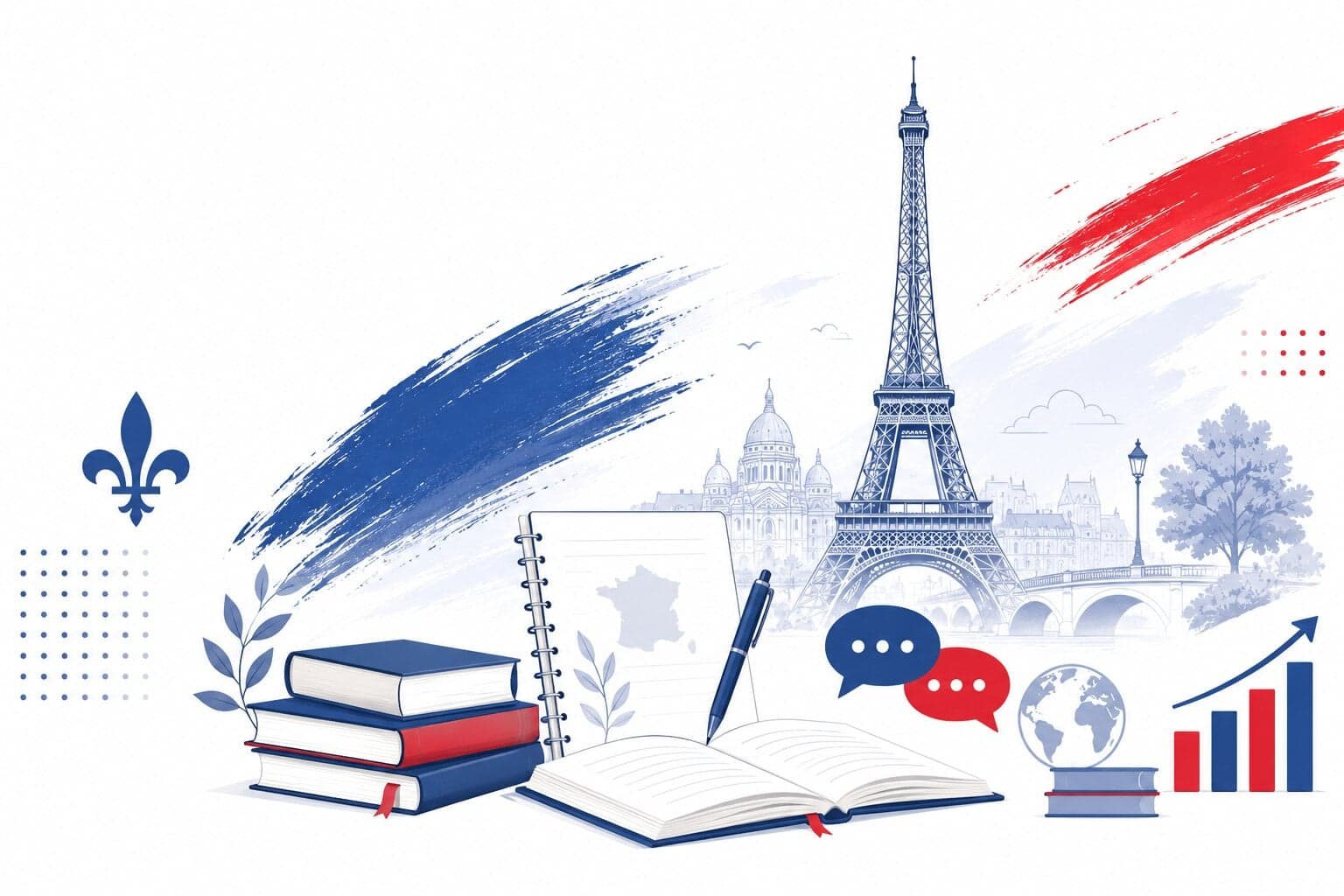 Illustration of French study materials, including books, a notebook and Paris landmarks.